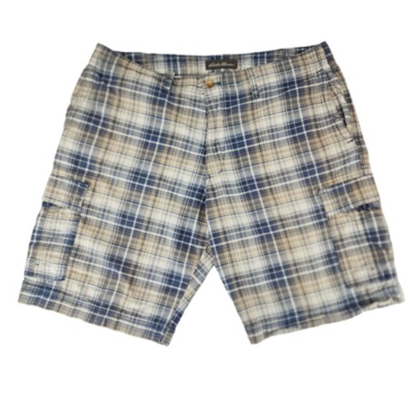 Eddie Bauer Mens Plaid Cargo Shorts sz 38 Blue Cream Cotton Surfer Skater 11" - Picture 1 of 15